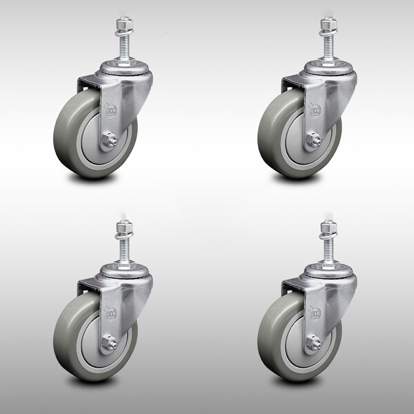 4 Inch SS Gray Polyurethane Wheel Swivel 3/8 Inch Threaded Stem Caster Set SCC